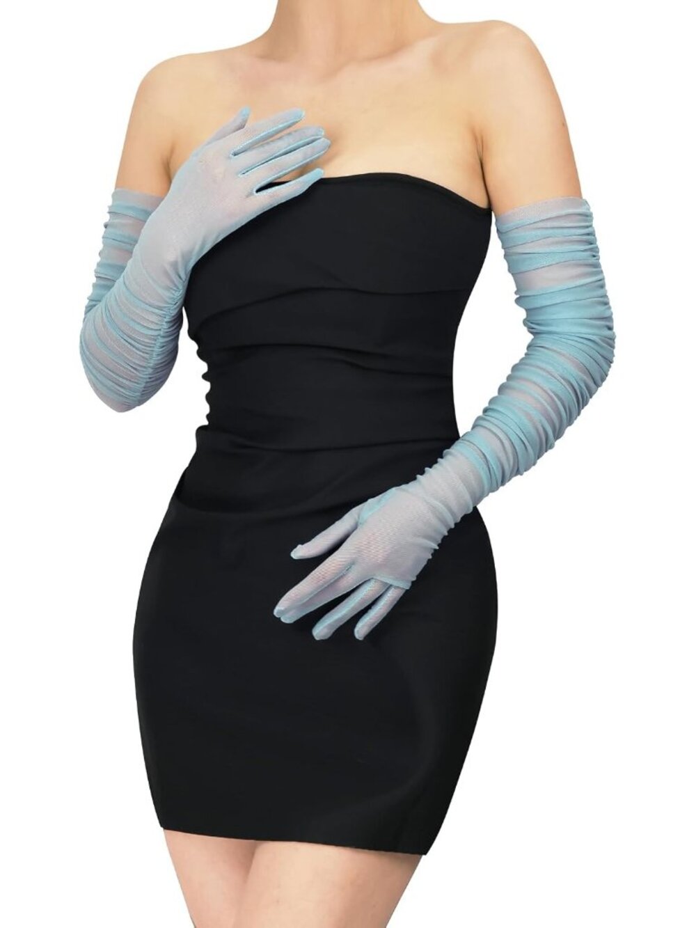 Womens Dusty Blue Stretchy Sheer Mesh Tulle Long Lace-like Non-slip Opera Gloves